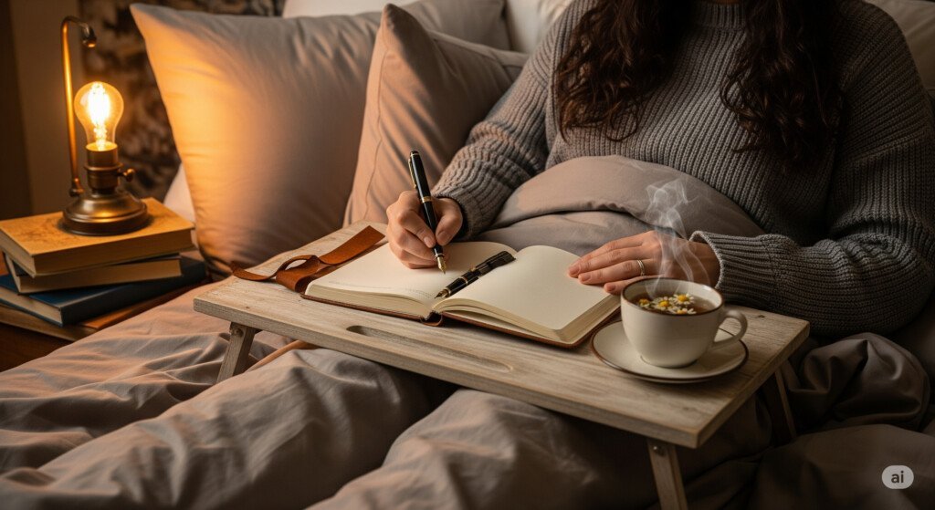 Bedtime self-care with journaling and tea to complement relaxing bedtime yoga.”