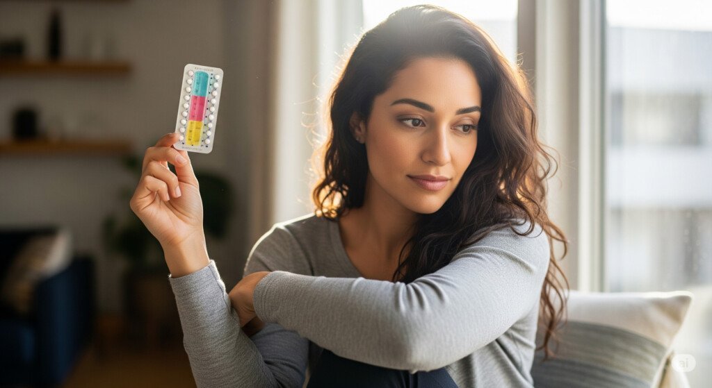 Woman holding a birth control pill pack, contemplating how birth control affects the body