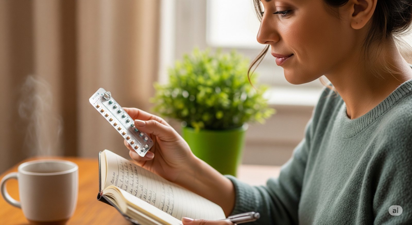 Woman reflecting on how long birth control stays in her system, holding a birth control pill pack and writing in a notebook