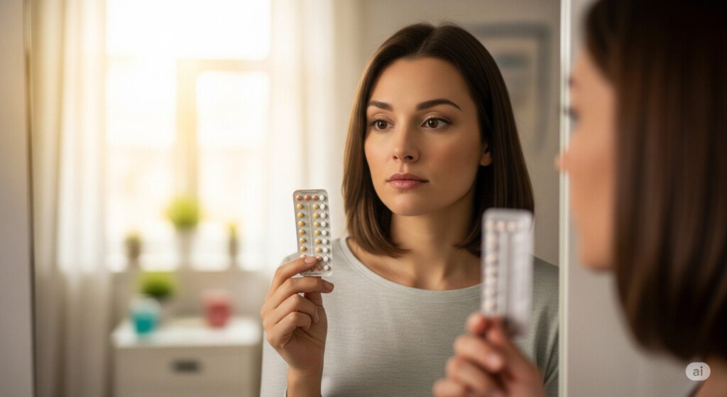 Woman holding a birth control pill pack, reflecting on how long does birth control stays in your system.