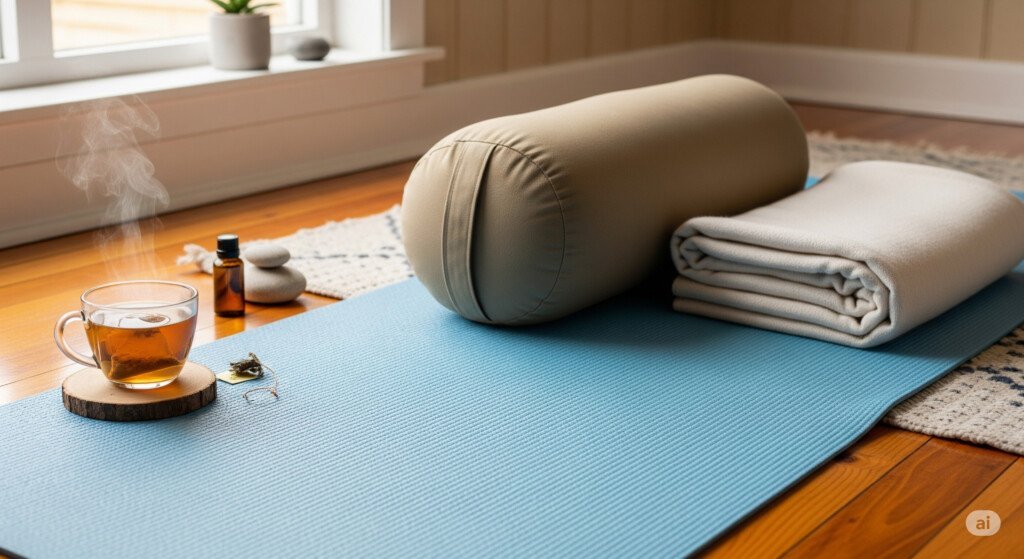 Yoga props and tea for preparing a gentle stomach yoga session.