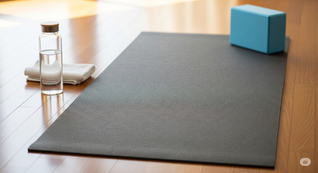Beginner yoga essentials for power yoga including mat, water bottle, and towel
