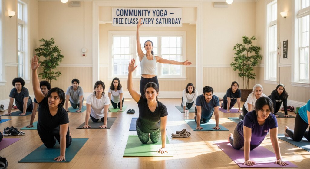 Yoga instructor teaching a community class to raise awareness