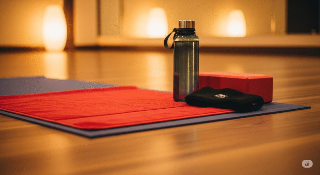 What to wear to hot yoga: Essential accessories for your practice, including a towel on a yoga mat, water bottle, and supportive accessories to stay comfortable during your hot yoga session