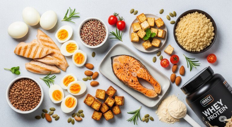 High-protein foods that burn fat including eggs, chicken, salmon, lentils, tofu, almonds, quinoa, and whey protein for weight loss and muscle building