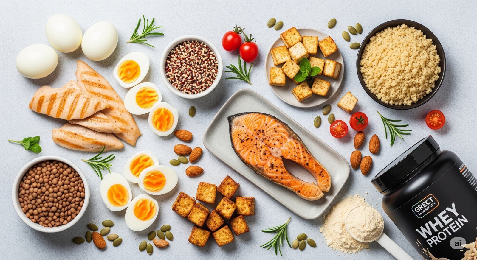 High-protein foods that burn fat including eggs, chicken, salmon, lentils, tofu, almonds, quinoa, and whey protein for weight loss and muscle building