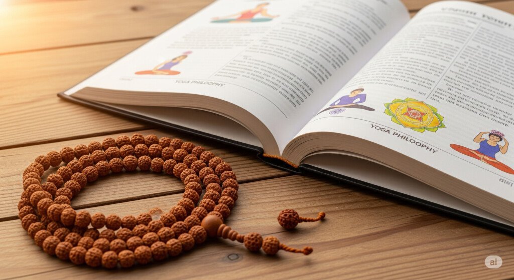 Yoga philosophy book and meditation beads symbolizing mindfulness practice
