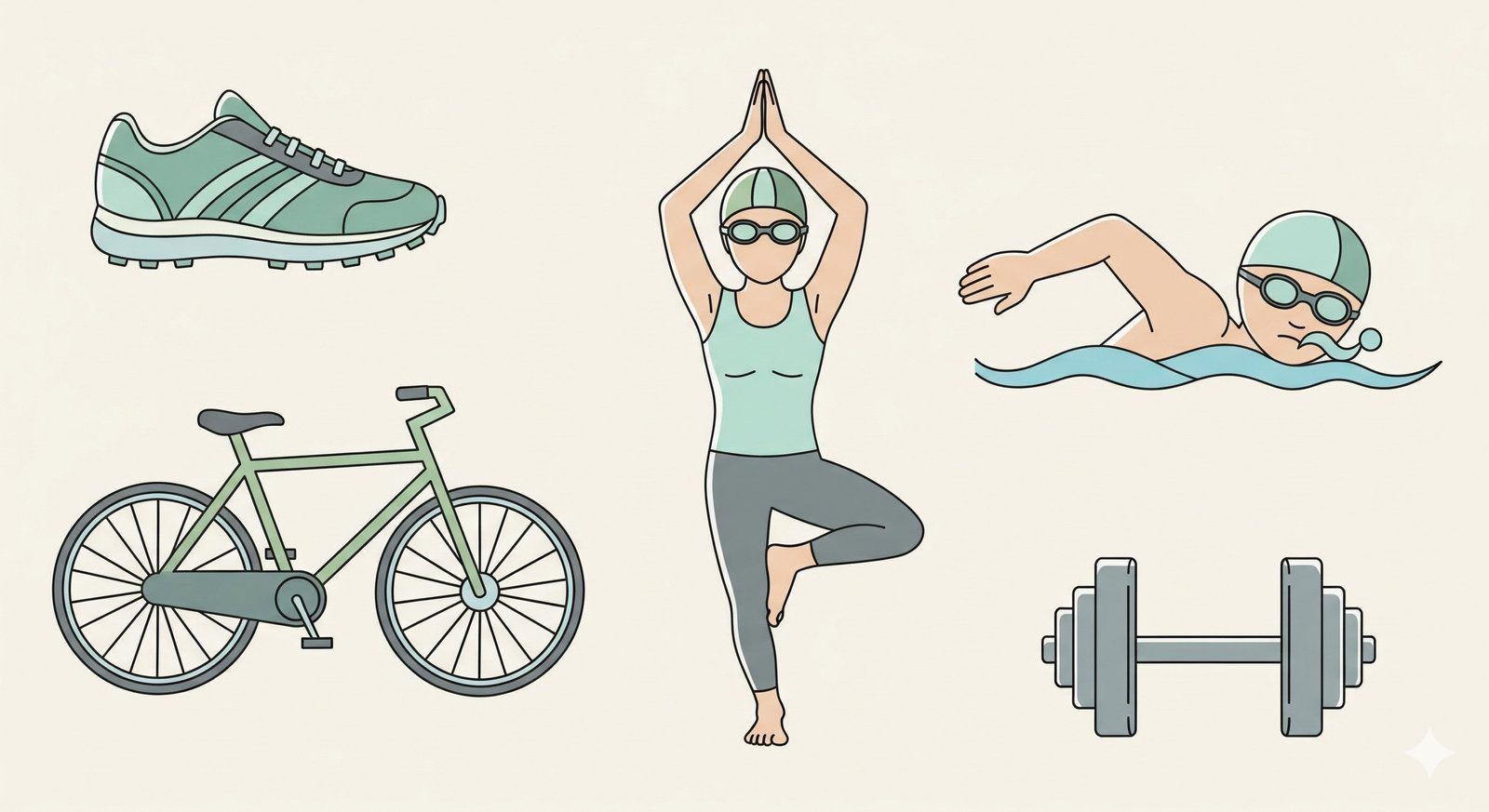 An artistic arrangement of various cardio symbols like a running shoe, a bicycle, and a swimming icon, representing different types of cardio for fat loss. it represent which is best for cardio vs strength training for weight loss