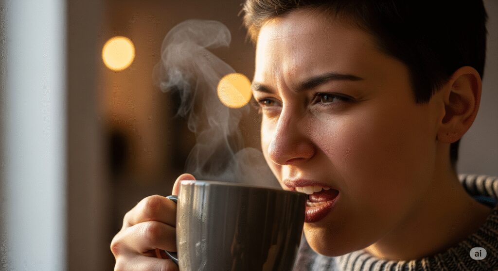 Person wincing in discomfort after eating hot pizza, showcasing a common cause of roof of mouth pain