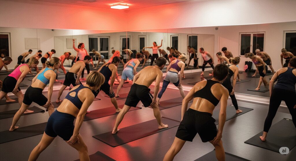 A Bikram yoga class in action with practitioners wearing minimal, breathable clothing like sports bras and shorts, demonstrating ideal attire for high-heat yoga practices
