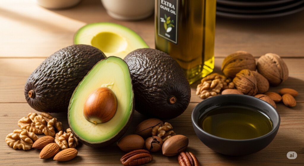Healthy fats from foods like avocados and nuts provide energy and support muscle function for overall fitness