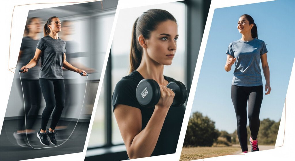 A collage of three images showing different effective morning workouts: a person doing a high-intensity interval training (HIIT) jump, a person lifting a dumbbell, and a person walking briskly outdoors. its a very goog morning exercise for weight loss