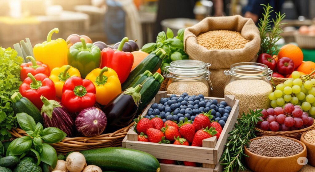 A variety of whole foods including vegetables, fruits, and grains, showing how they support weight loss