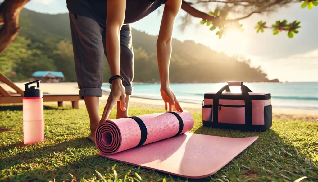  A person unrolling a pink yoga mat for a peaceful outdoor yoga session in a park or beach setting.
