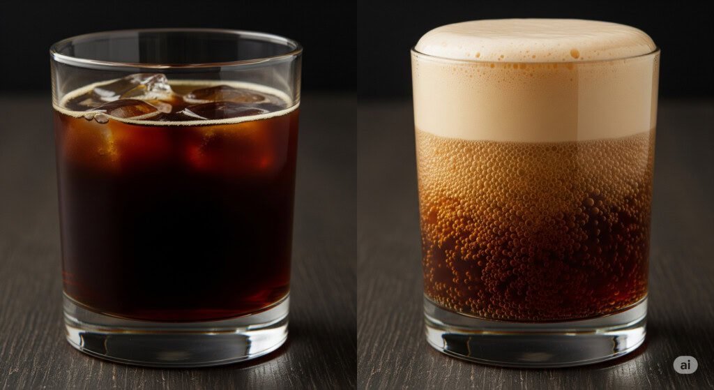 Comparison of nitro cold brew vs cold brew showing differences in texture, with nitro cold brew having a frothy, creamy top.