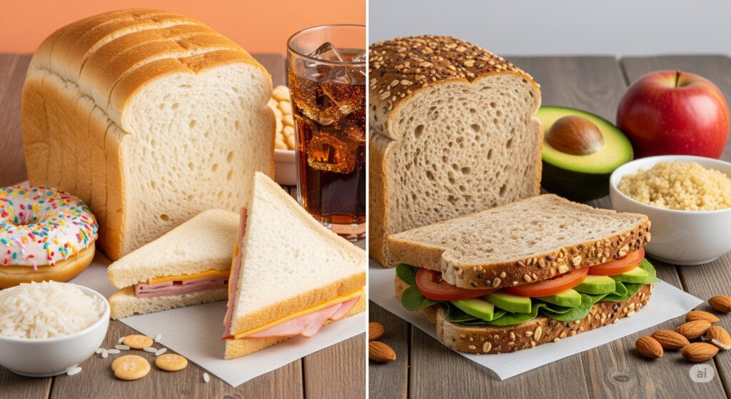 A healthy food swap, such as whole wheat bread instead of white bread, showing how small changes can make a big impa
