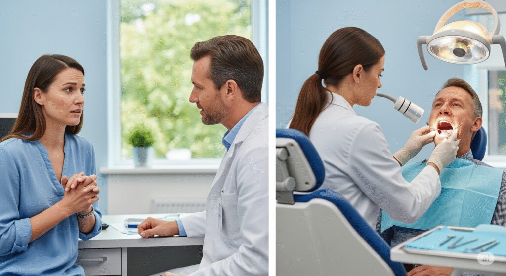 Person consulting a healthcare provider about roof of mouth pain, seeking professional advice.