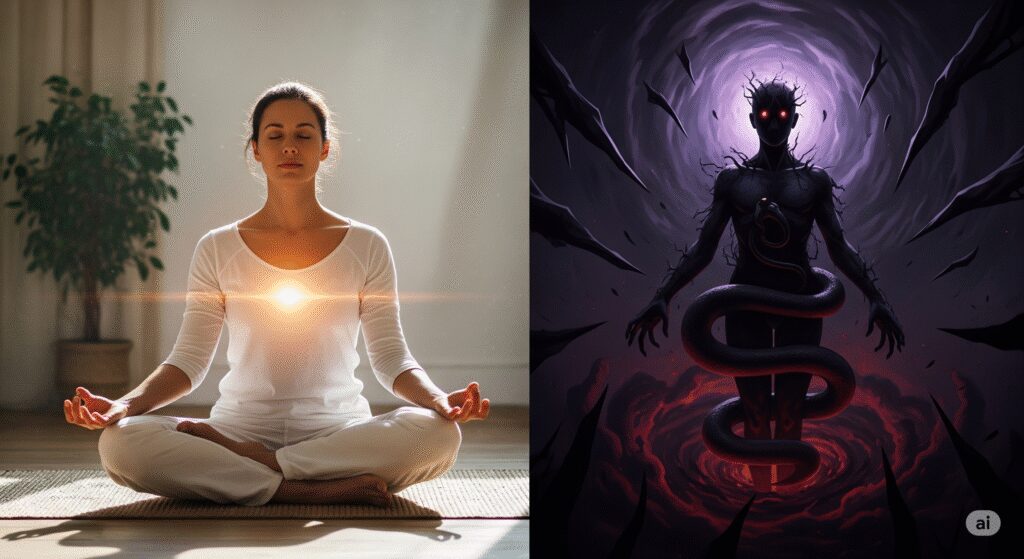 Is Kundalini yoga dangerous? A calm practitioner in meditation versus the misconceptions around Kundalini yoga being demonic.