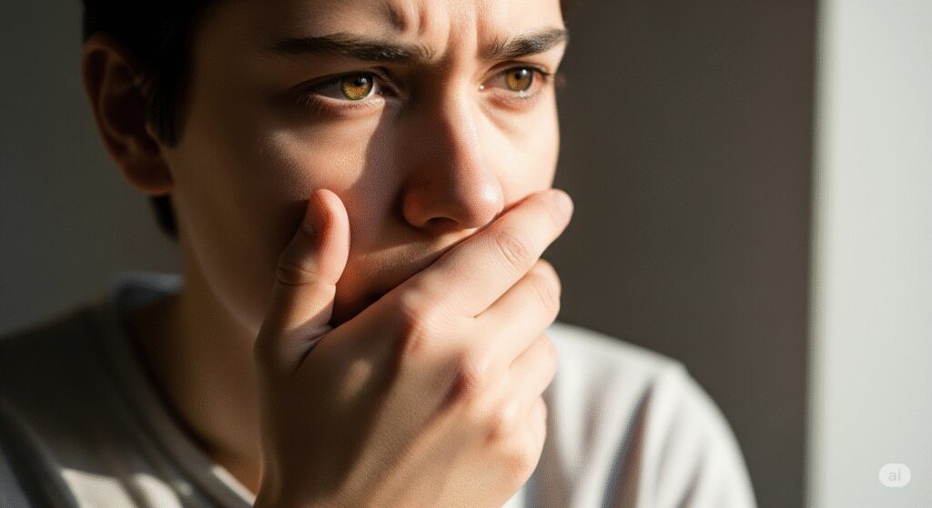 Person holding their mouth in discomfort, indicating sensitivity or irritation in why does the roof of my mouth hurt.