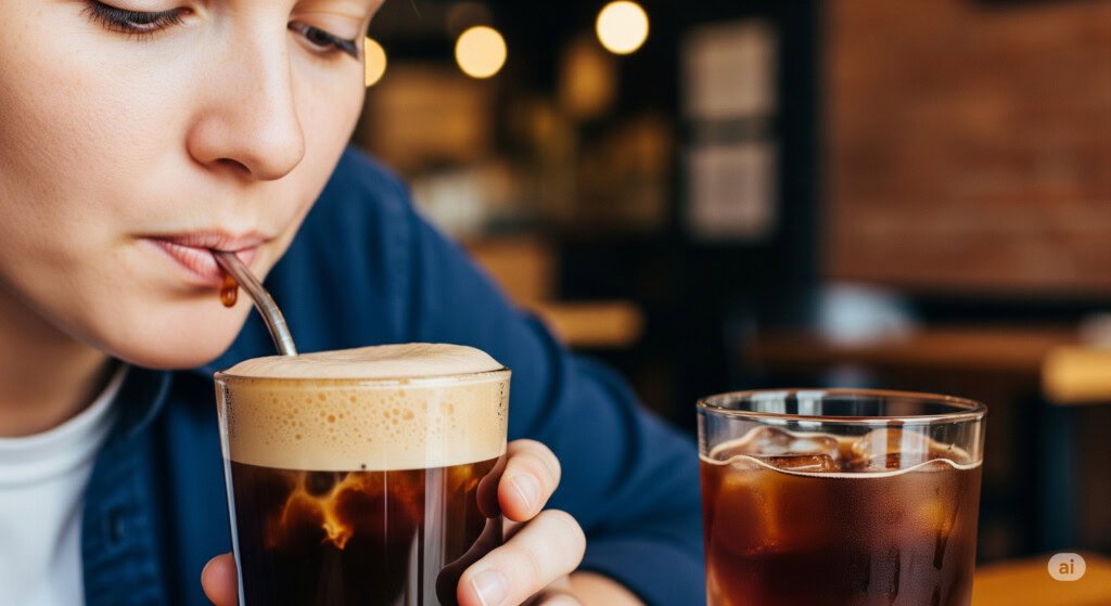 Enjoying nitro cold brew, showcasing the rich, creamy texture and smooth mouthfeel compared to regular cold brew.