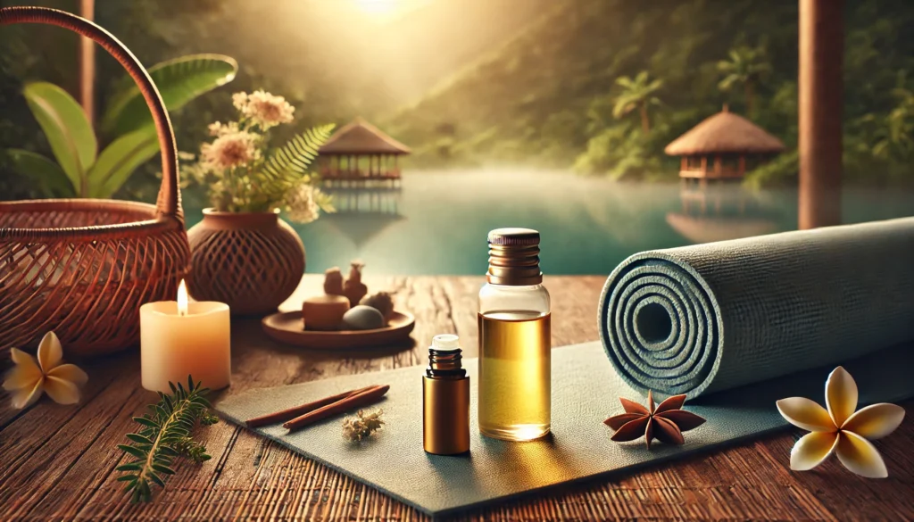 Essential oils and an aromatherapy roll-on for creating a calming atmosphere during yoga practice.