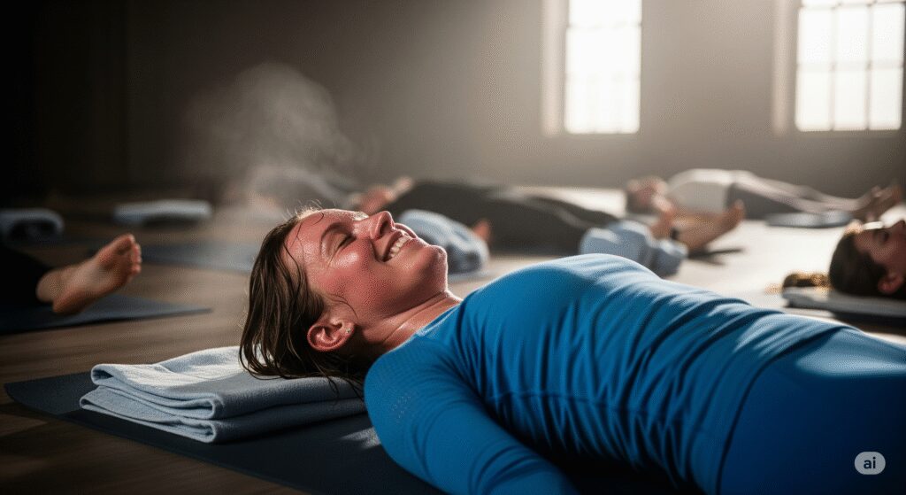 A happy yogi finishing a hot yoga class, smiling and feeling accomplished, showcasing the benefits of wearing the right gear for a comfortable practice.