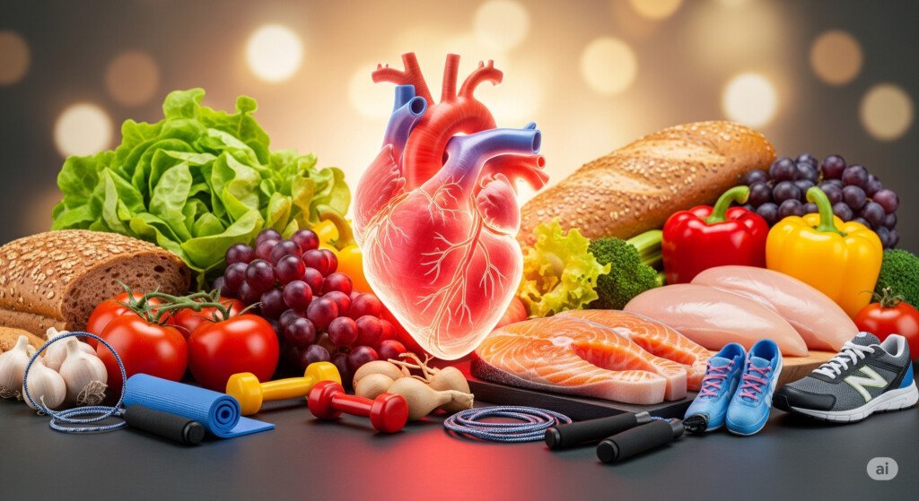 A healthy heart with fresh foods and exercise equipment, illustrating the long-term benefits of sustainable weight loss
