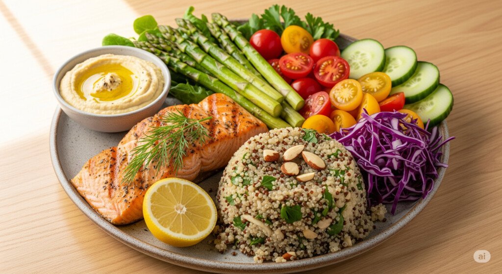 A balanced diet with colorful vegetables, lean protein, and whole grains supports overall fitness and health.
