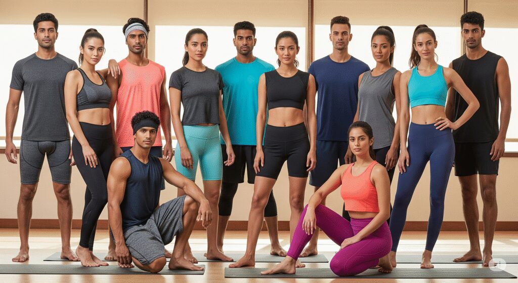 Different types of yoga clothing for men and women, featuring moisture-wicking fabrics, tanks, leggings, and sports bras suitable for hot yoga classes