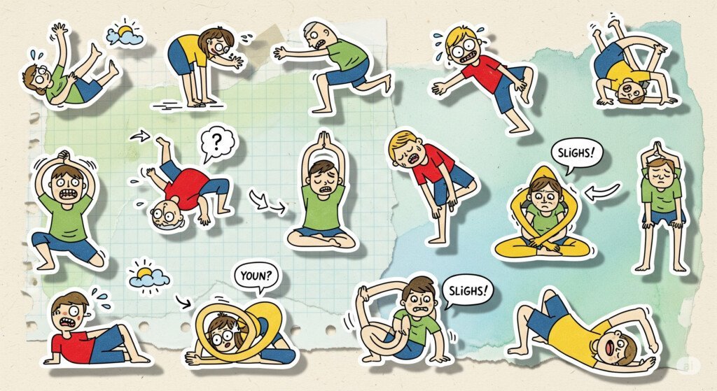 Cartoon doodles of people struggling with funny yoga poses like wobbling tree and upside-down turtle.