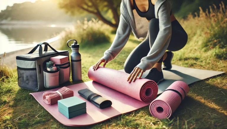 A person unrolling a pink yoga mat outdoors, with a yoga bag containing essential items like blocks, resistance bands, and a water bottle. The serene setting reflects the ease and flexibility of practicing yoga anywhere, embodying the 'Yoga in a Bag' concept
