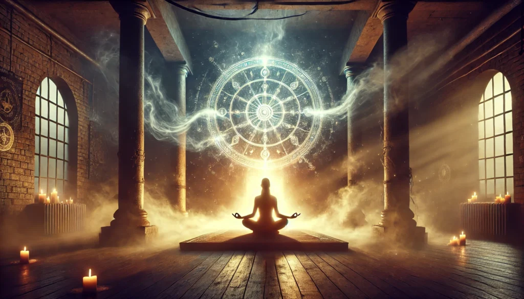 A person practicing yoga in front of various religious symbols, symbolizing the discussion of whether yoga is demonic.