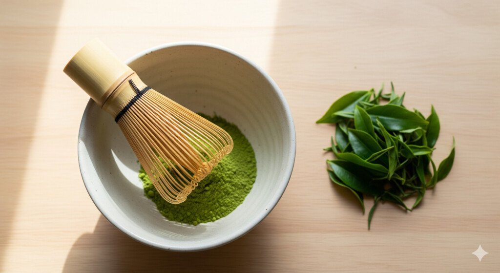 A photo of a matcha whisk and green tea leaves, representing the key ingredient in green tea for fat burning