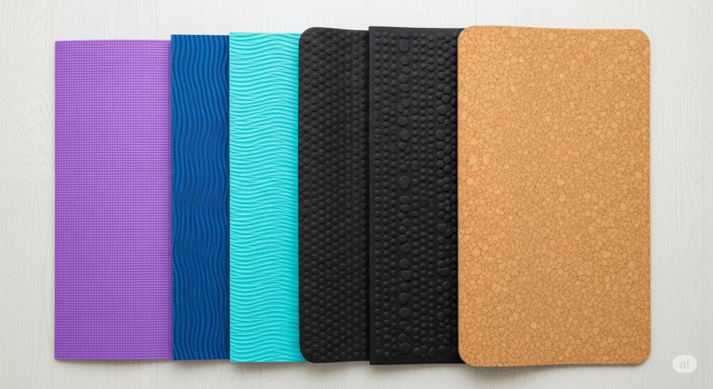 Yoga mats of different materials: PVC, TPE, rubber, and cork mats, illustrating the various textures and why each requires a unique cleaning method.