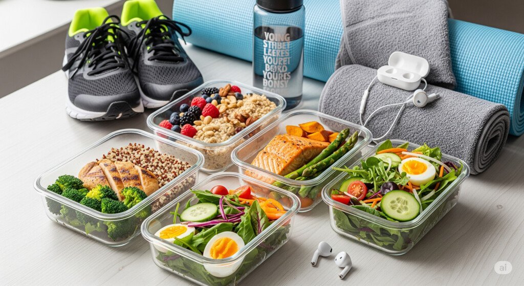 Healthy meal prep containers and workout gear, showcasing practical tips for achieving lasting weight loss results