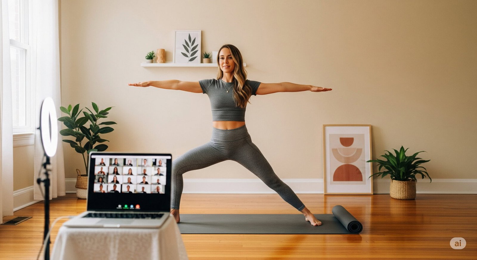 A yoga instructor teaching an online class from a home studio, showcasing the potential of virtual yoga teaching as an income source.
