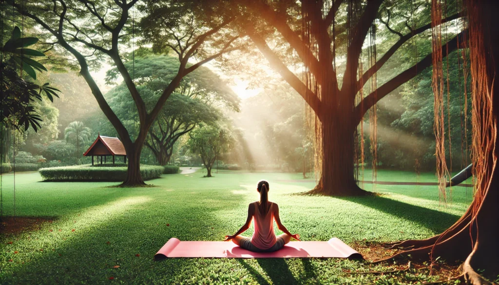 A person practicing yoga outdoors with a pink yoga mat, demonstrating yoga on the go in a serene natural environment.
all horzontal images