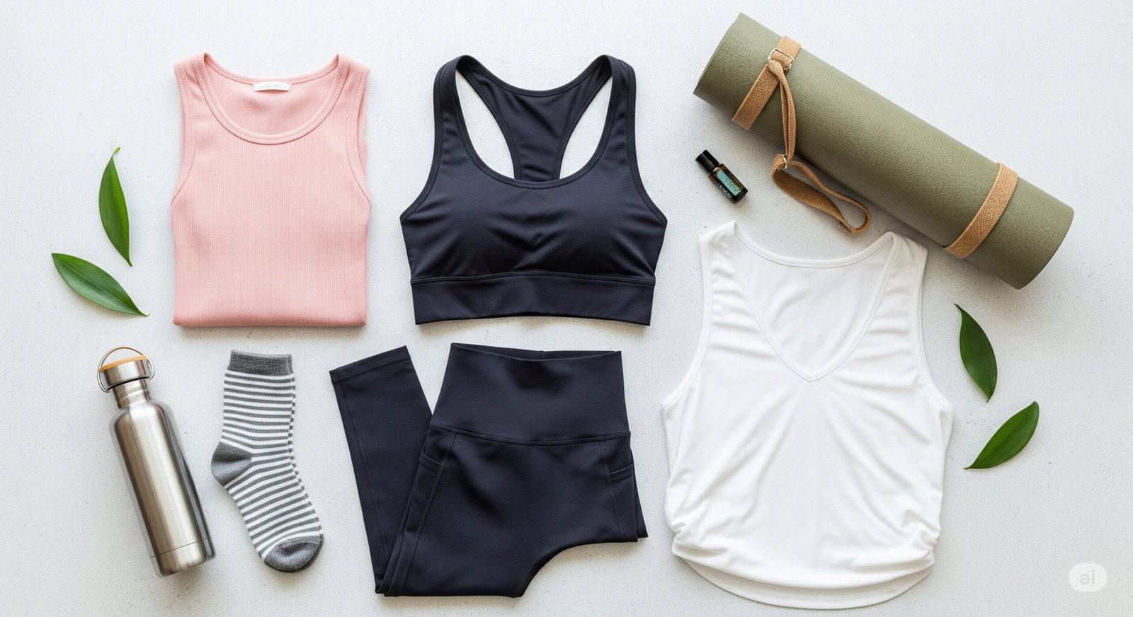 Final styling tips: A flat lay of yoga clothing and accessories, including leggings, sports bras, and a yoga mat.