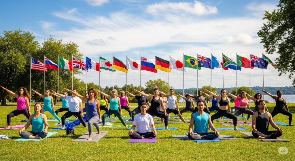 Global community celebrating International Yoga Day with yoga poses outdoors