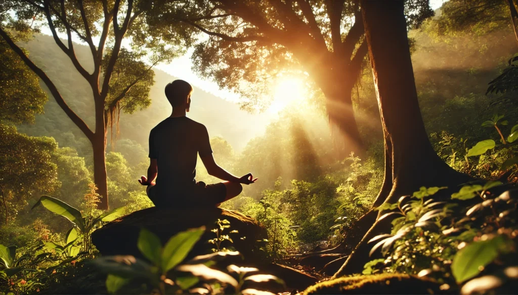 A person meditating in nature, reflecting on the global debate surrounding yoga's spiritual and physical benefits.
