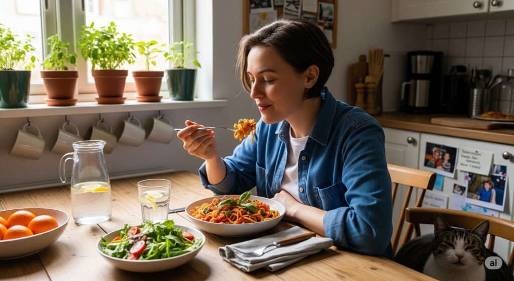 A person enjoying a homemade meal in their kitchen, emphasizing the importance of building a consistent meal routine