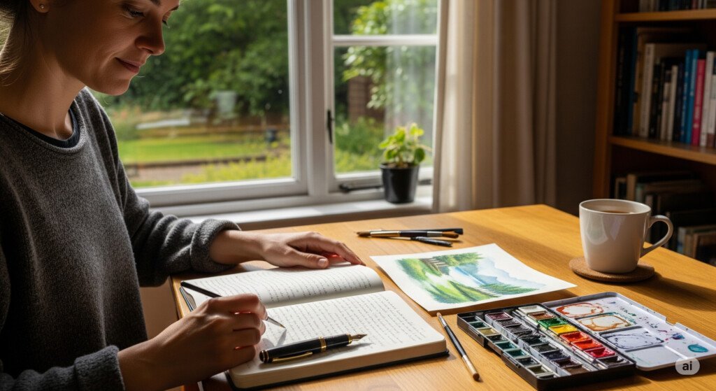 A person journaling or engaging in a hobby, offering emotional coping alternatives to overeating