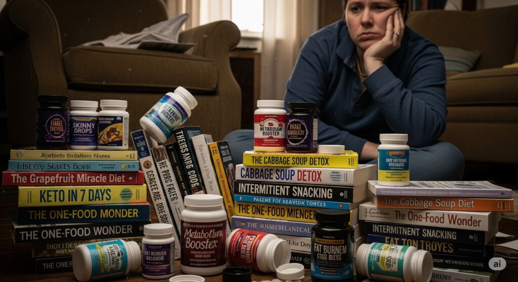 A person surrounded by fad diet books and empty weight loss supplements, illustrating the failure of quick fixes