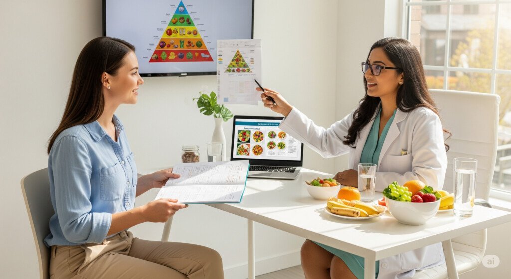 A person consulting with a nutritionist, emphasizing the importance of professional guidance in choosing the right diet