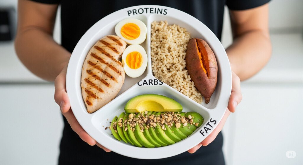 A meal plate with balanced portions of protein, carbs, and fats, explaining the role of macros in weight loss