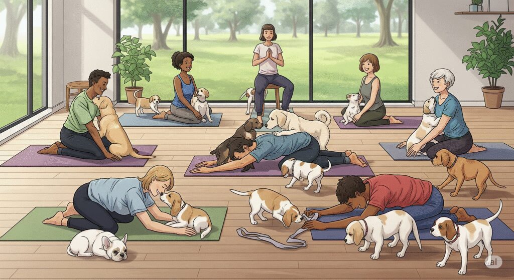Puppy and yoga: A playful yoga class with puppies interacting with practitioners during poses, adding fun and lightheartedness to the practice.