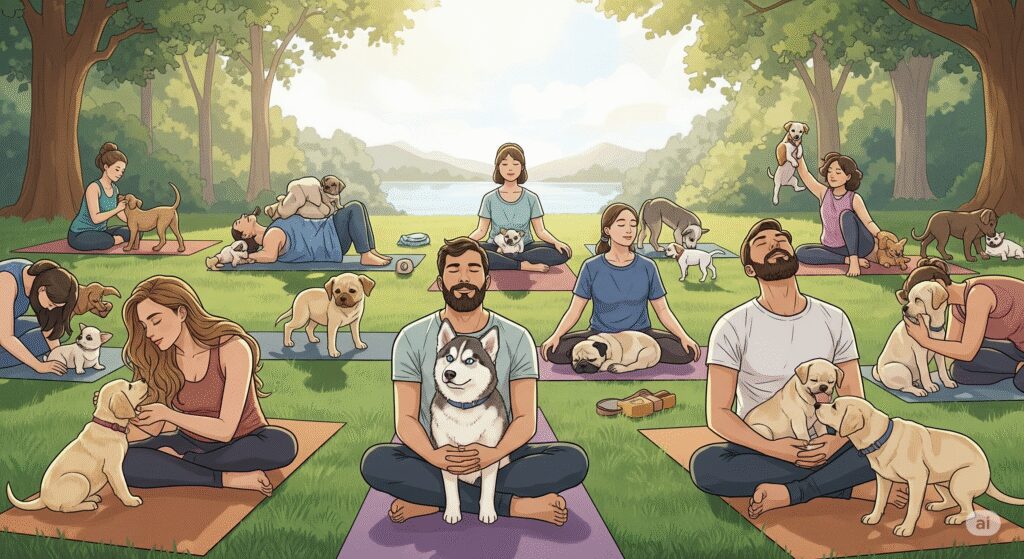 A peaceful yoga session with puppies playfully interacting with participants, embodying the soul of yoga.