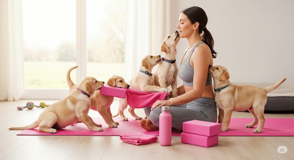 A collection of yoga mats and accessories, featuring a pink yoga mat ideal for puppy yoga sessions