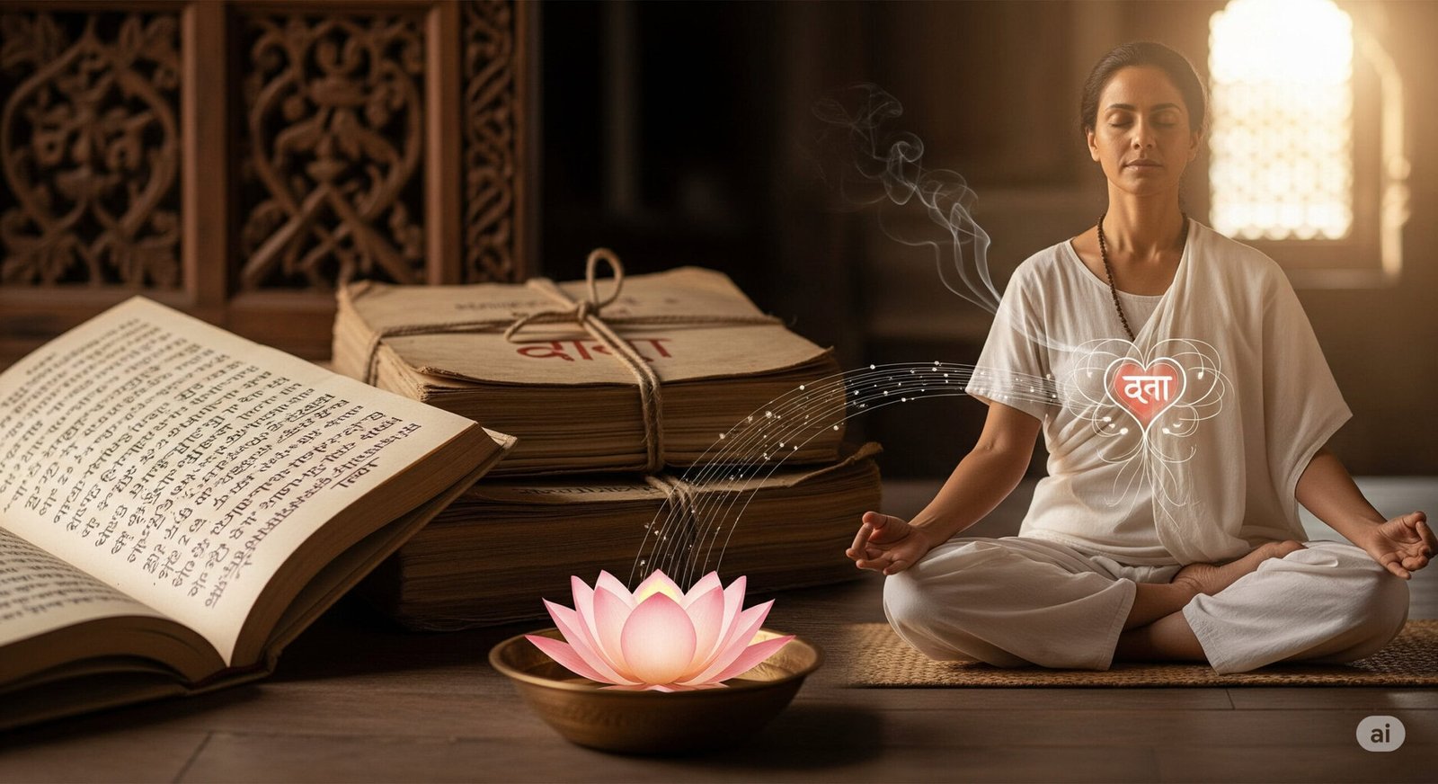 Origin of yoga: Ancient Sanskrit texts illustrating the roots of yoga and its deep cultural connection to discipline and spiritual growth.