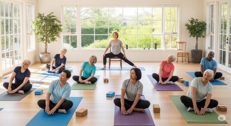 Seniors enjoying a gentle yoga class together.